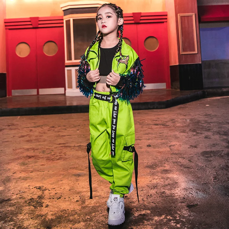 Hip Hop Dance Costumes Fluorescent Green Tassel Coat Girls Jazz Clothing Children Street Dancing Stage Performance Wear DN4099