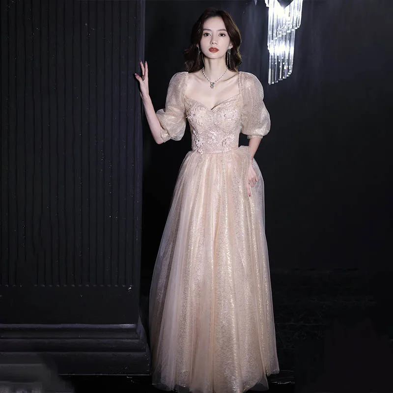 

New Evening Dress Strapless Luxurious Floral Print Lace Up Floor-Length Half Sleeves Bling A-Line Woman Formal Party Gowns A1907