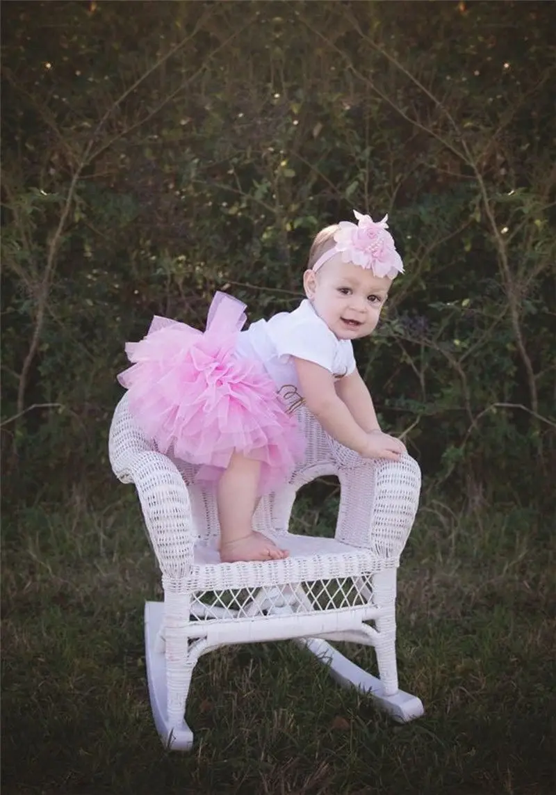 3PCS Baby Girl 1st Birthday Outfit Party Print Romper Cake Smash Tutu Dress Tulle Skirts Headband 0-24 Months