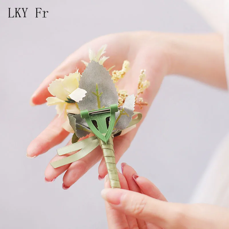 LKY Fr mariage poignet Corsage demoiselle d'honneur Bracelet soie fleur poignet Corsage Bracelets mariage main fleurs boutonnière garçons d'honneur