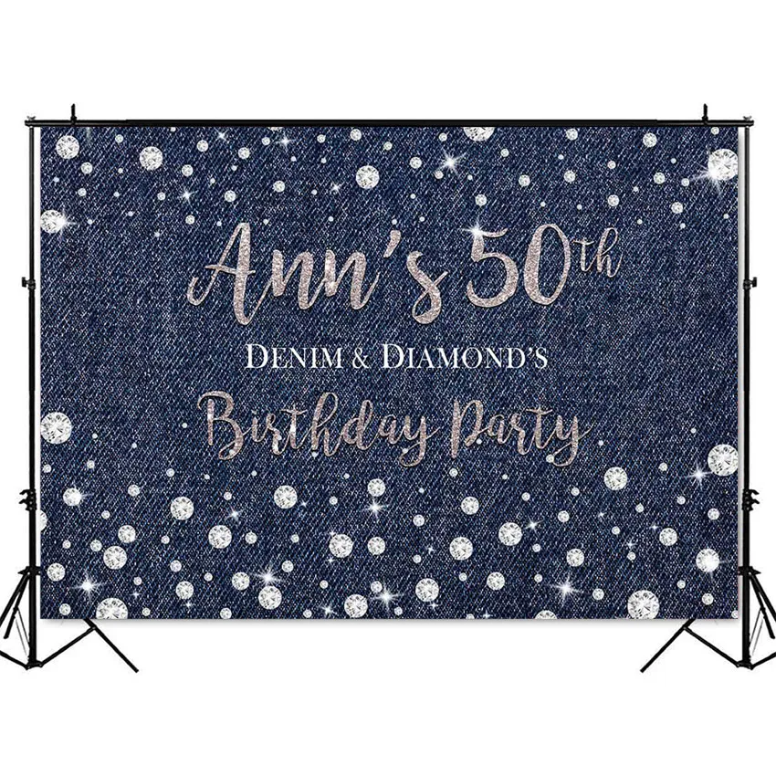 해피 50 번째 생일 파티 데님과 다이아몬드 배경, 실버 반짝이 doamond 배경, 사진 부스 스튜디오