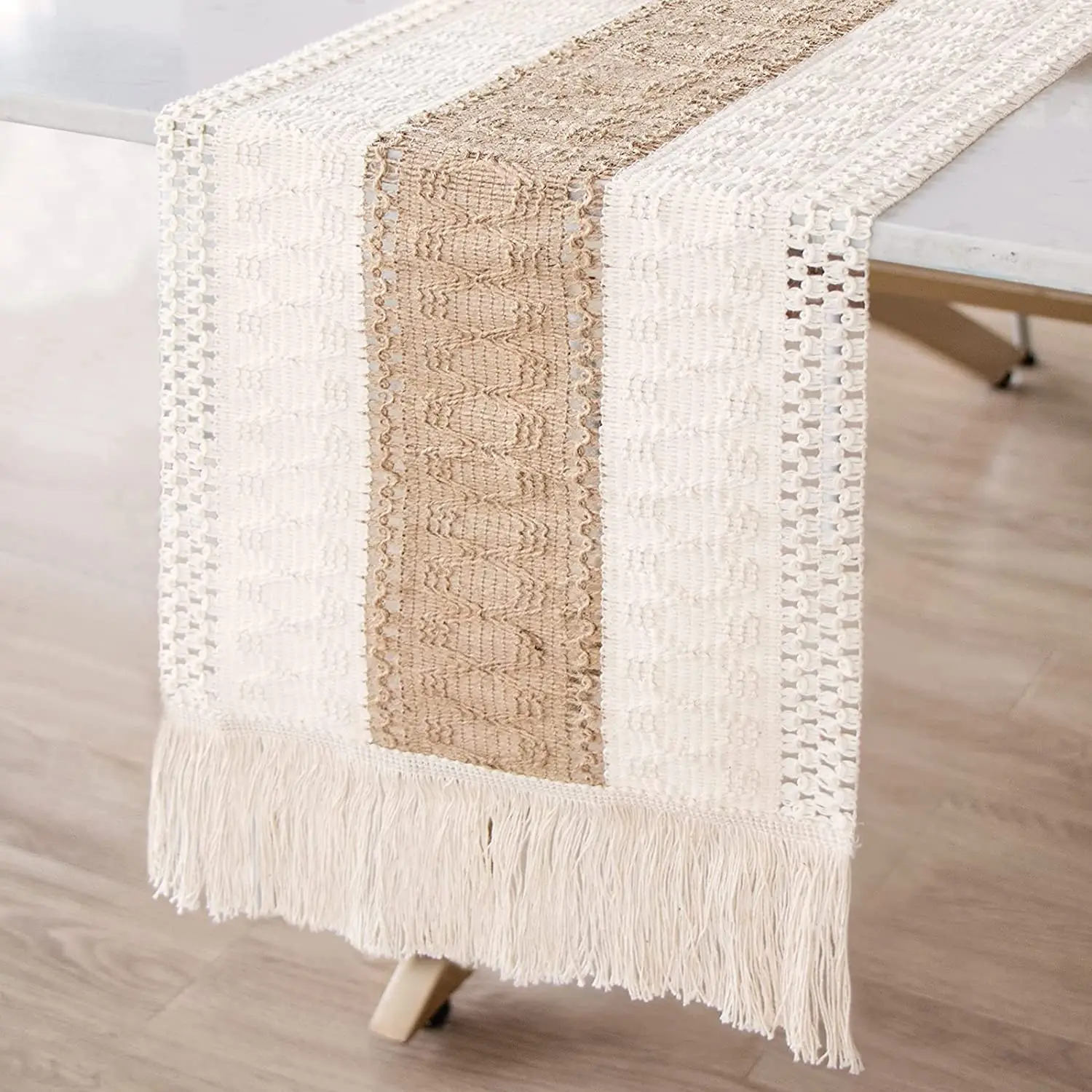 

Macrame Table Runner Splicing Cotton and Burlap Table Runner Runner Farmhouse Style with Tassels Boho Table Runner 12 x 108 Inch