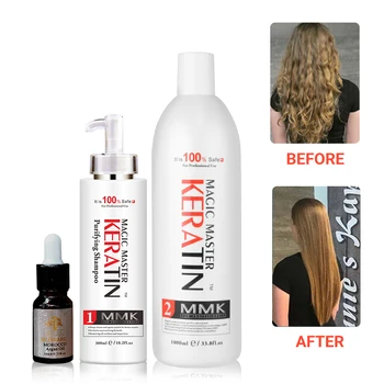 포르말린 없음 1000ml 매직 마스터 케라틴 헤어 트리트먼트 코코넛 냄새 + 정화 샴푸 + 아르간 오일 세트, 포르말린 없음