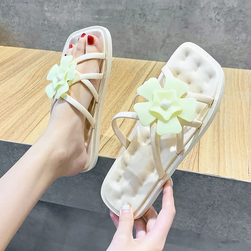 Chanclas planas con flores para mujer, de goma suave Sandalias planas, zapatillas de playa, zapatos de exterior para el hogar, sandalias informales de verano