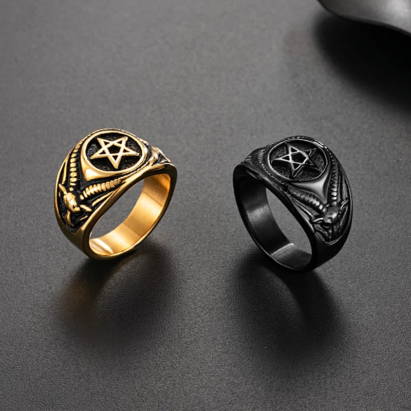 Men Stainless Steel Pentagram Rings Satan Baphomet Goat  Devil Demon Ring Vintage Jewelry Wholesale