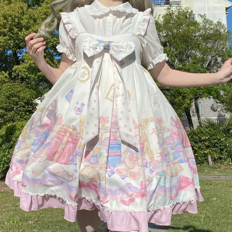 

Sweet princess lolita dress bear strawberry cake print jsk suspender dress vintage Kawaii victorian dress gothic lolita vestidos