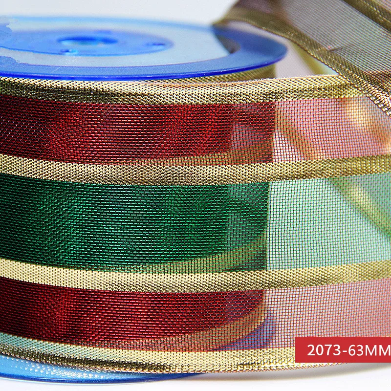 63MM X 25 Yards Red and Green Organza Stripes WIth Gold  Wire Edge Ribbon for Birthday Decoration Gift Wrapping 2-1/2