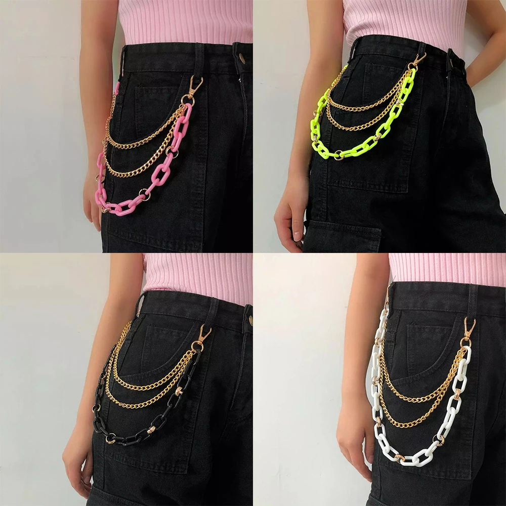 Multilayer Gothic Punk Street Rock Pants Acrylic Belt Chain Pantss Pink Green White Black Keychain Female Hip Hop Jewelry Gift