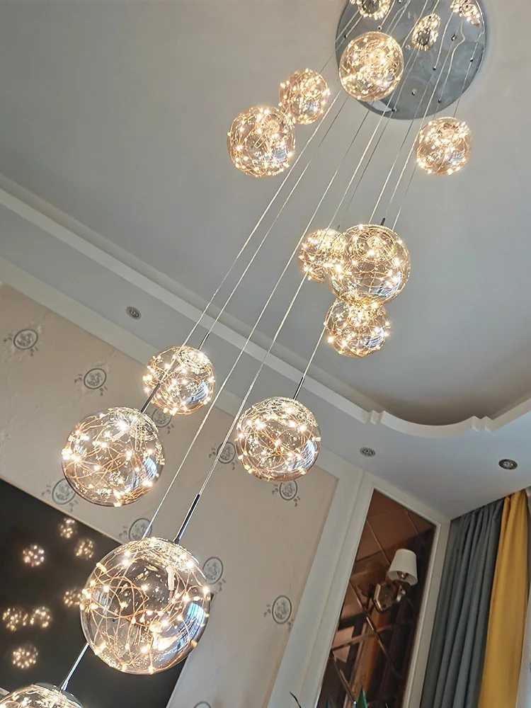 Modern led gypsophila spiral staircase lighting chandelier long chandelier living room villa kitchen attic glass chandelier