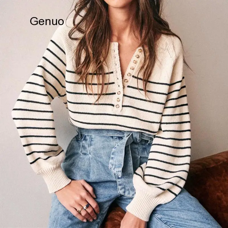 New 2021 Winter Spring Women Sweater V-Neck Buttons Knitted Pullovers Striped Casual Fashionable Wild Tops