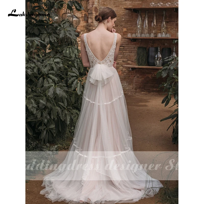 Lakshmigown-vestido de novia de corte en A, traje bohemio de encaje con Espalda descubierta, elegante, de tul, para la playa