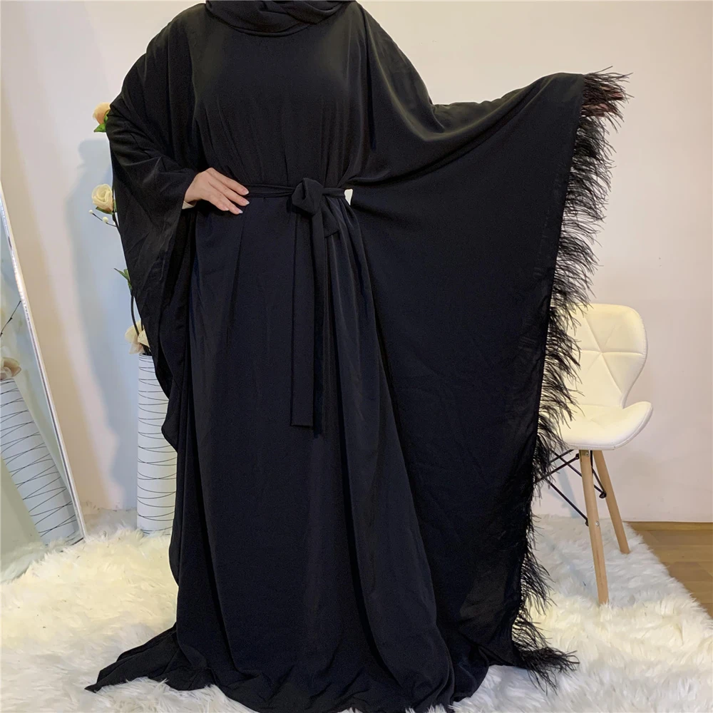 

New Dubai Luxury Abaya For Moroccan Women Party Saudi Turkish Clothing Fashion Solid Feathers Batwing Sleeve Muslim Gown Ramadan