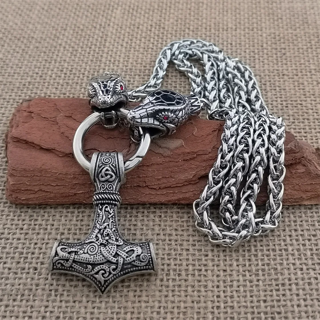 60cm Man Necklace Stainless Steel Snake Head Chain Necklace Viking Thor Thor Hammer Pendant Necklace Viking Jewelry