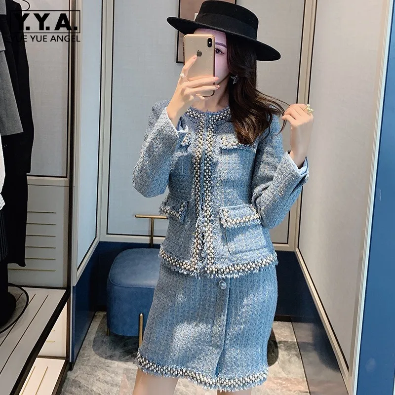 Fashion Women Beaded Sequined Plaid Tweed Jacket Mini Skirt Two Piece Sets New O-Neck Blue Elegant Ladies Skirt Matching Set S-L