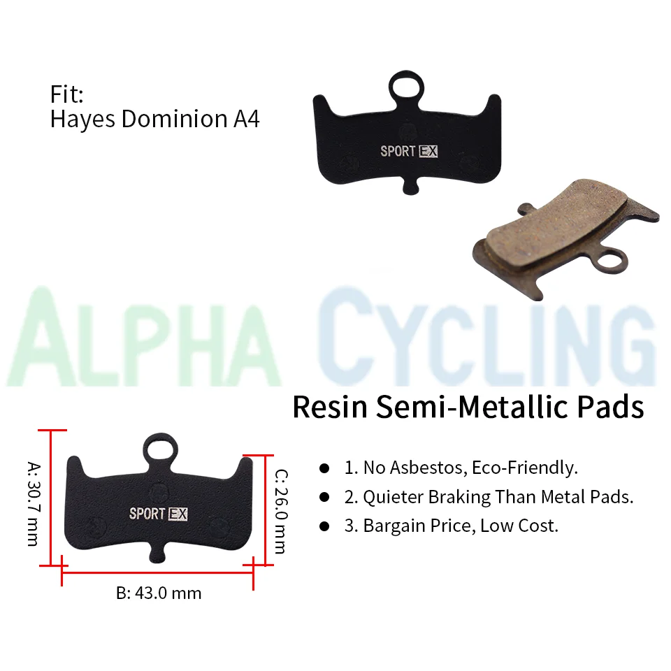 Bicycle Disc Brake Pads for Hayes Dominion A4 Caliper, 4 Pairs, Sport EX Resin