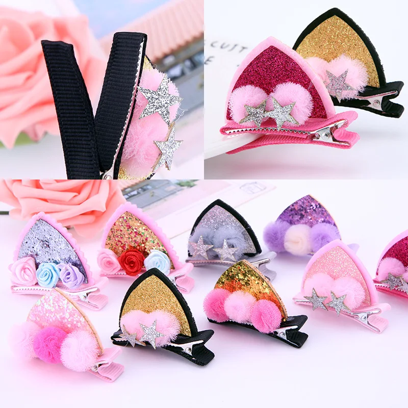 2pcs/Set Cute Hair Clips For Girls Glitter Rainbow Felt Fabric Flowers Hairpins Cat Ears Bunny Barrettes Kids Hair Accessories