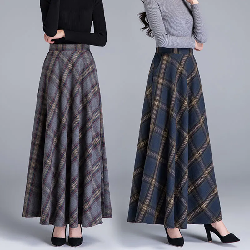 Mom High Waist Woolen plaid Skirts 2022 Autumn Winter Women\'s 3XL Wool Maxi Skirts Female Fashion Casual Long Streetwear