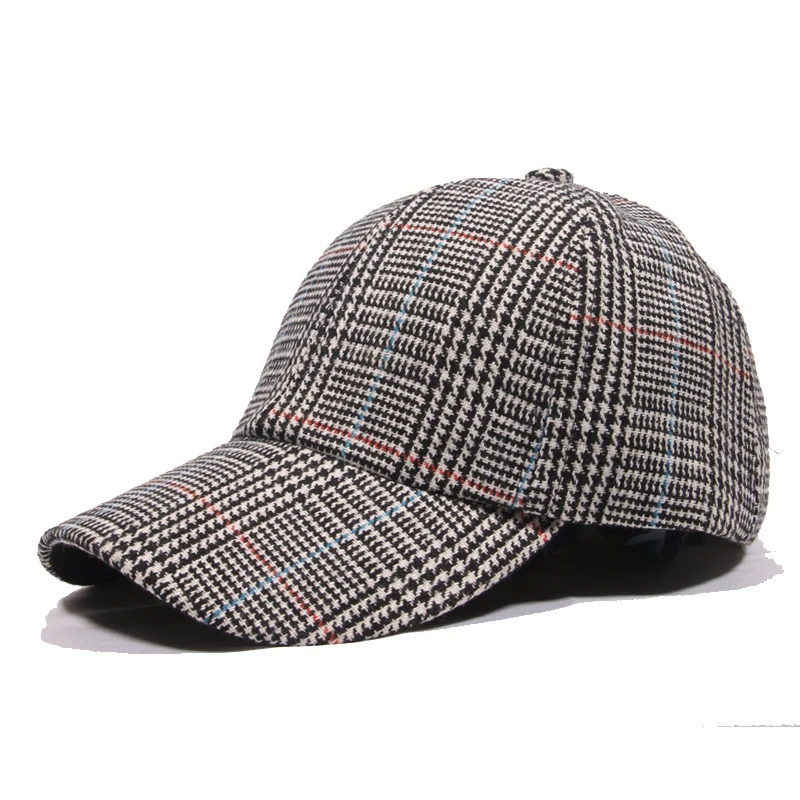 Damska czapka z daszkiem dla mężczyzn kapelusz bawełna akcesoria damskie Houndstooth krata wełniana męska czapka Snapback BQM347