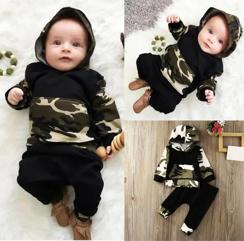 Newborn Baby Boys Camo Outfits Long Sleeve Hooded Coat Tops Pant 2pcs Outfit Set For 0-3T