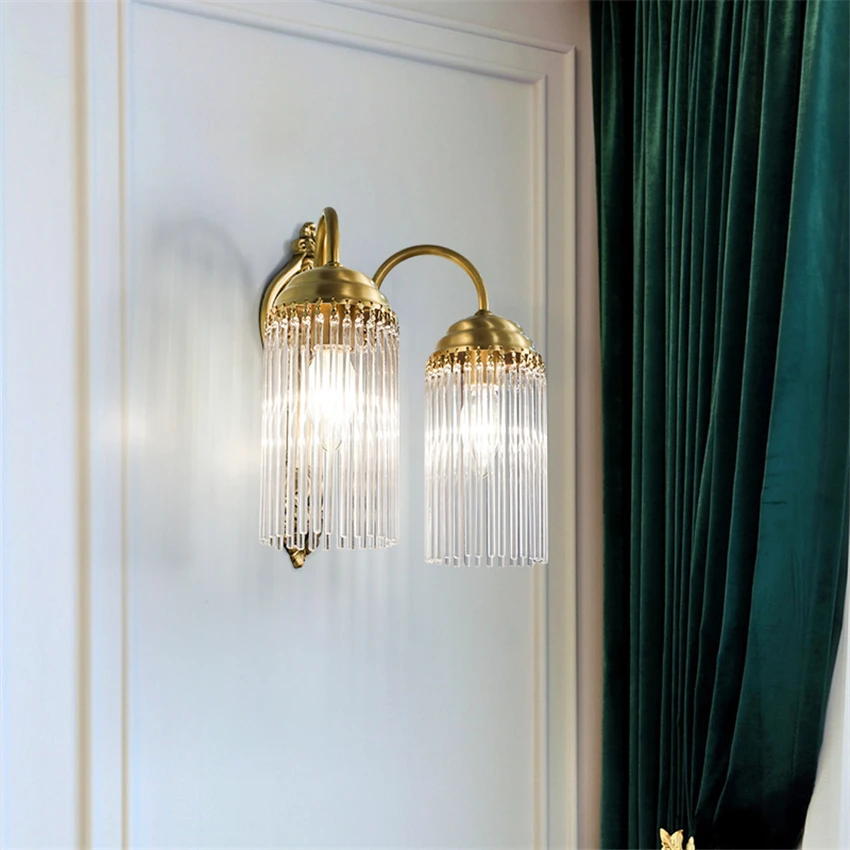 American all copper glass strip crystal wall lamps bedroom bedside living room aisle background wall sconces lights E14 fixtures