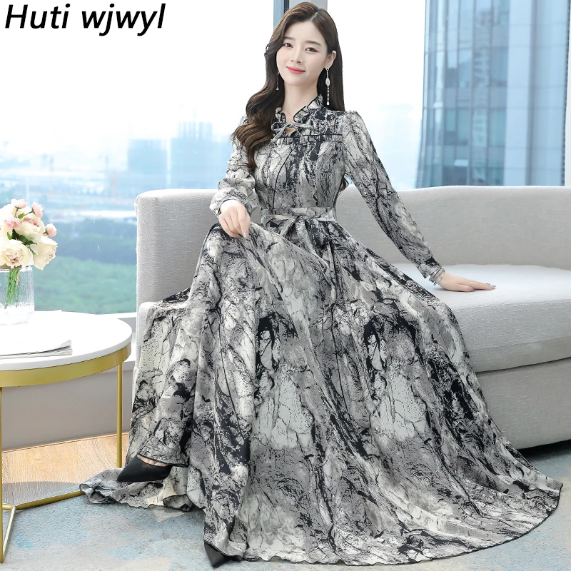 Women Floral Chiffon Maxi Evening Dress 2024 Boho Casual Beach Party Vestidos Autumn Winter Korean Vintage Elegant Bodycon Robes