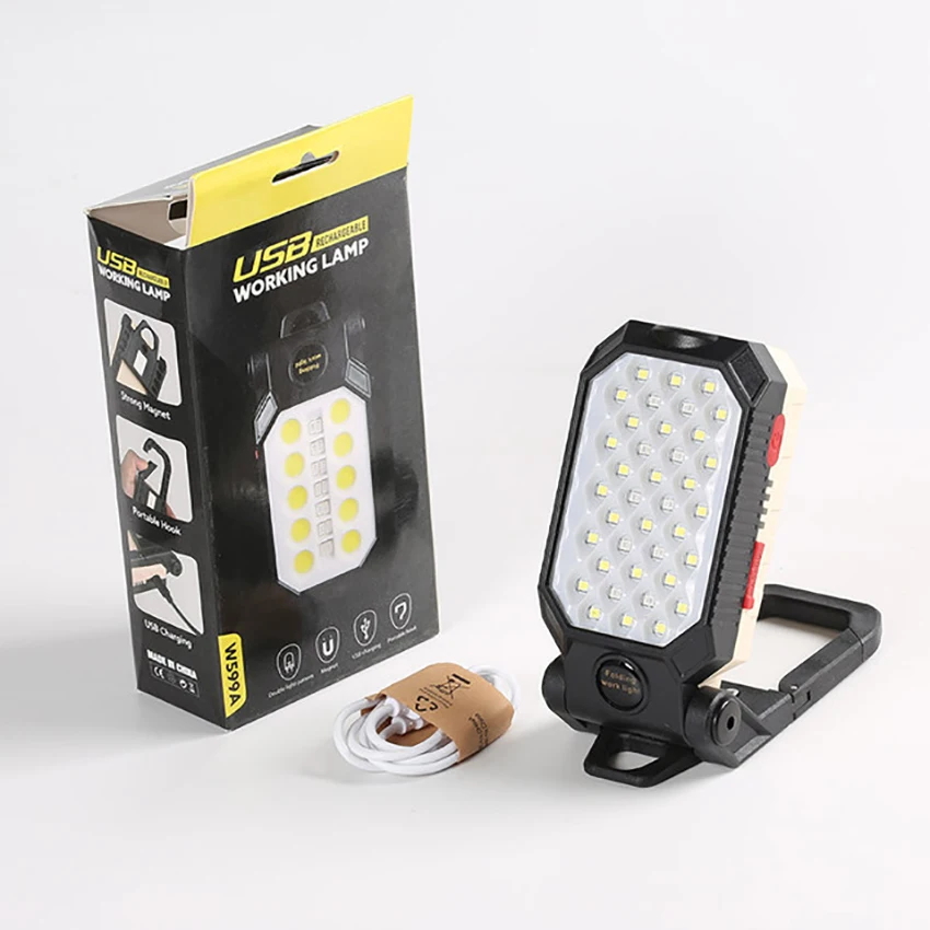 Luz de trabajo recargable COB, linterna LED plegable con imán y gancho, pantalla de batería, luz de inspección de emergencia, 4 modos