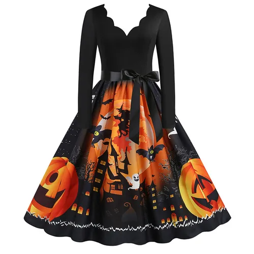 Imagen 1 del producto Vestido de Halloween para mujer S ~ 3XL Vintage estampado con cuello en V manga larga Swing Winter Party Festival Sundress