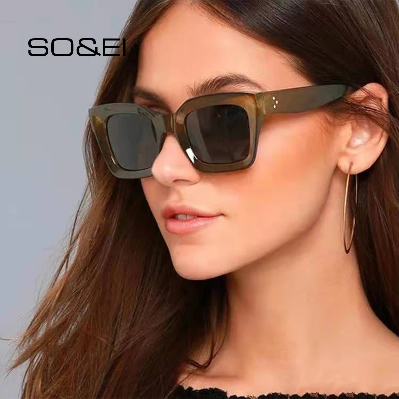 SO&EI Ins Popular Fashion Cat Eye Women Sunglasses Retro Nail Clear Gradient Eyewear Brand Designer Men Square Sun Glasses UV400