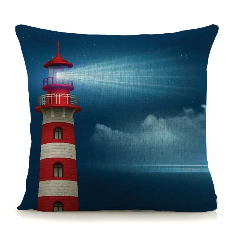 Mediterranean Lighthouse Ocean Sailing Print Home Decorative Cushion Cover Cotton Linen Pillow Case for Sofa Bed Chair 45x45cm