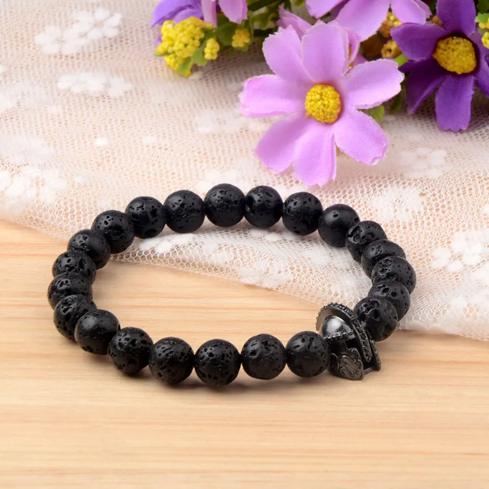 Natural Stone Black Lava Beads Bracelet Spartan Warrior Gladiator Helmet Fashion      Punk Style Bracelets For Women Men Jewelry view 4