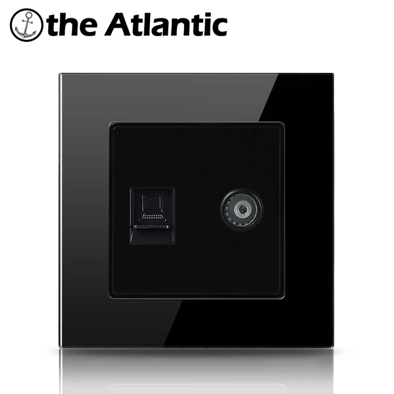 Rj45&TV Port Socket Dual Rj45 Atlectric Data Outlet TV Port Wall Socket Computer Television Plug Black Tempered Glass Panel