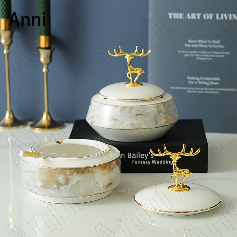 

Creativity Gilded Deer Ceramic Ashtray European Modern Marble Texture Portable Windproof Fly Ash Ashtrays Living Room Decoration