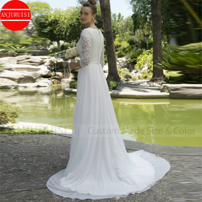 Chiffon Vintage Brautkleider 2020 Spitze 3/4 Ärmeln Garten Braut Tasten Elegante Braut Vestidos De Novia Robe Mariee Boho