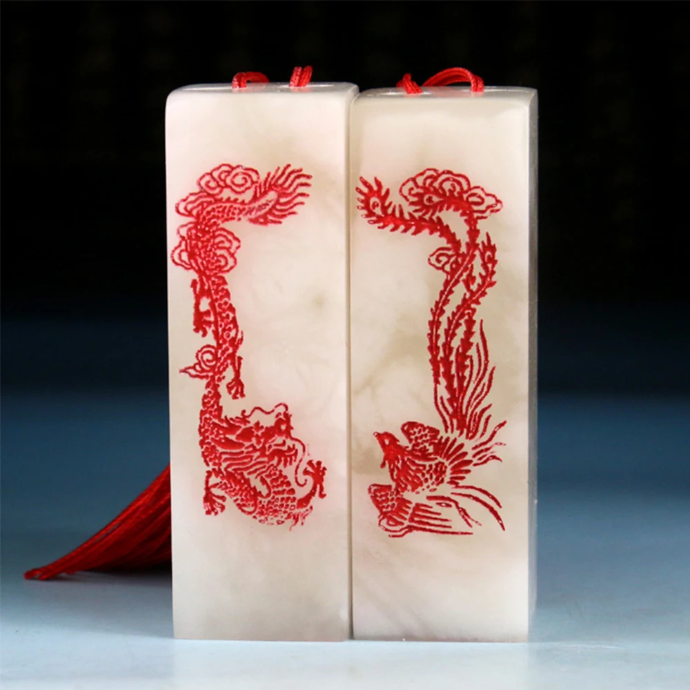 2cm Square White Natural Stone Seals Custom Chinese English Name Stamps Dragon Phoenix Carved Couple Wedding Marriage Gifts Chop