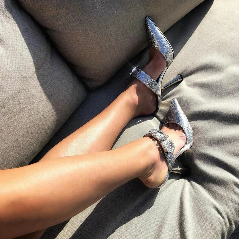Summer High Heels Sandals Women Stiletto Rhinestone Buckle Pointed Toe Shoes Women High-Heeled Slippers sandalias de las mujeres