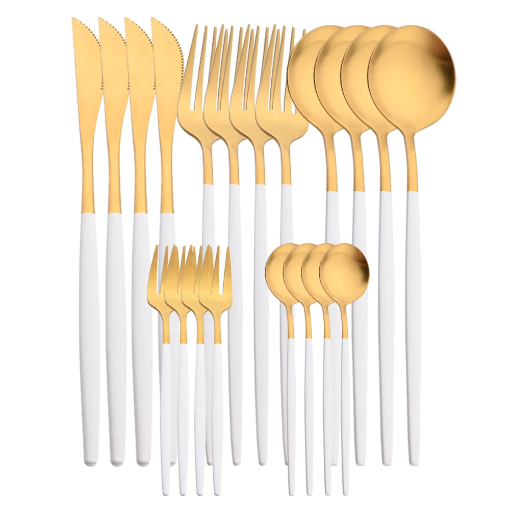 4/20Pcs Dinnerware Matte White Gold Cutlery Set Stainless Steel Flatware Set Knife Fork Spoon Wedding Kitchen Silverware Set