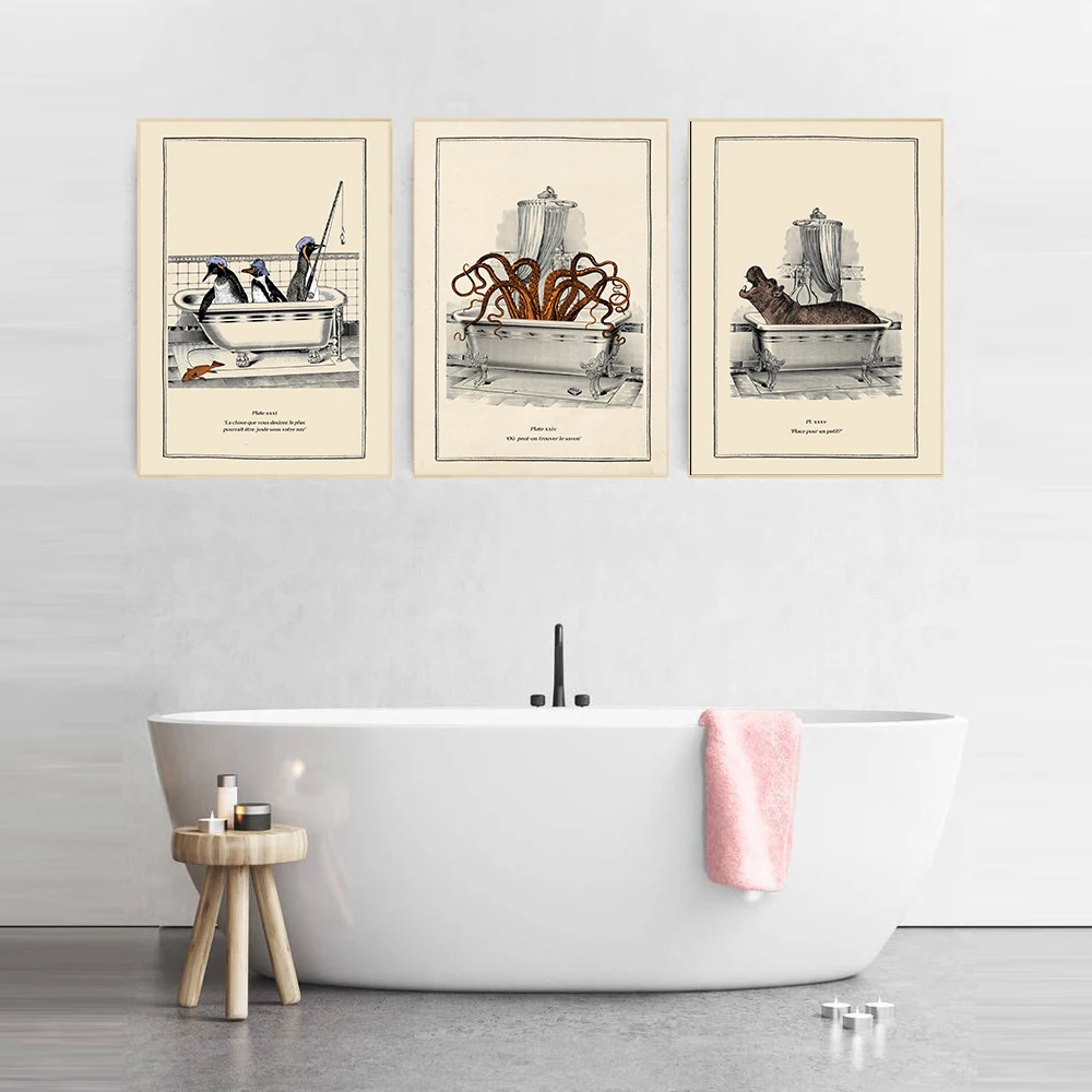 Funny Bathroom Toilet Decoration Canvas Painting Animal Bathtub Poster Bear Octopus Penguin Chimpanzee Retro Wall Picture Art