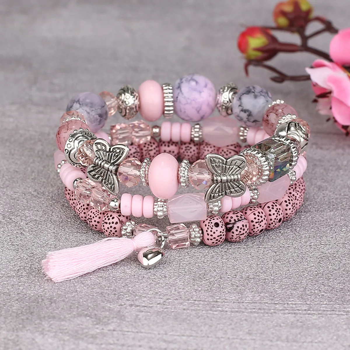 3pcs Boho Bohemian Pink Butterfly Pendant Charm Beads Bracelets Set For Women Stone Wristband Bracelet Bangles Pulseras Feminina