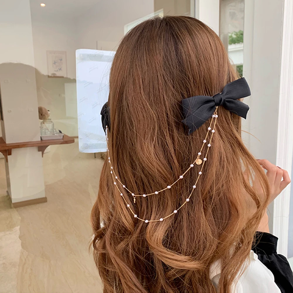 AWAYTR New Bow Pearls Chain Barrettes Hairpins For Women Rhinestone Spring Hair Clips Ribbon Headband Ponytail Hair Accessories