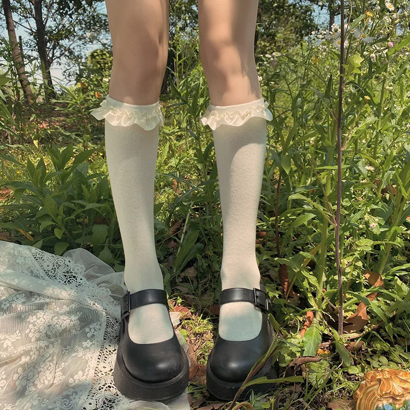 Gentle Satin All Cotton Mid-Calf Length Student Calf Socks Everyday Joker White Lolita Socks