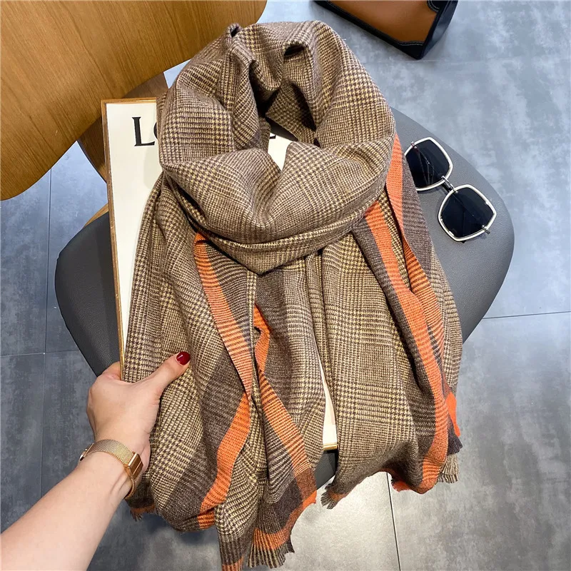 Luxury Brand Winter Plaid Women\'s Cashmere Scarf Warm Shawls and Wraps Thicked Wool Pashmina Female Blanket Scarves