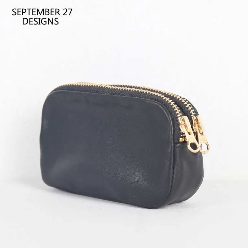 Storage Coin Purses Genuine Leather Luxury Handmade Double Zipper Coin Pouch Casual Organizer Card Wallet Cowhide Mini Pack