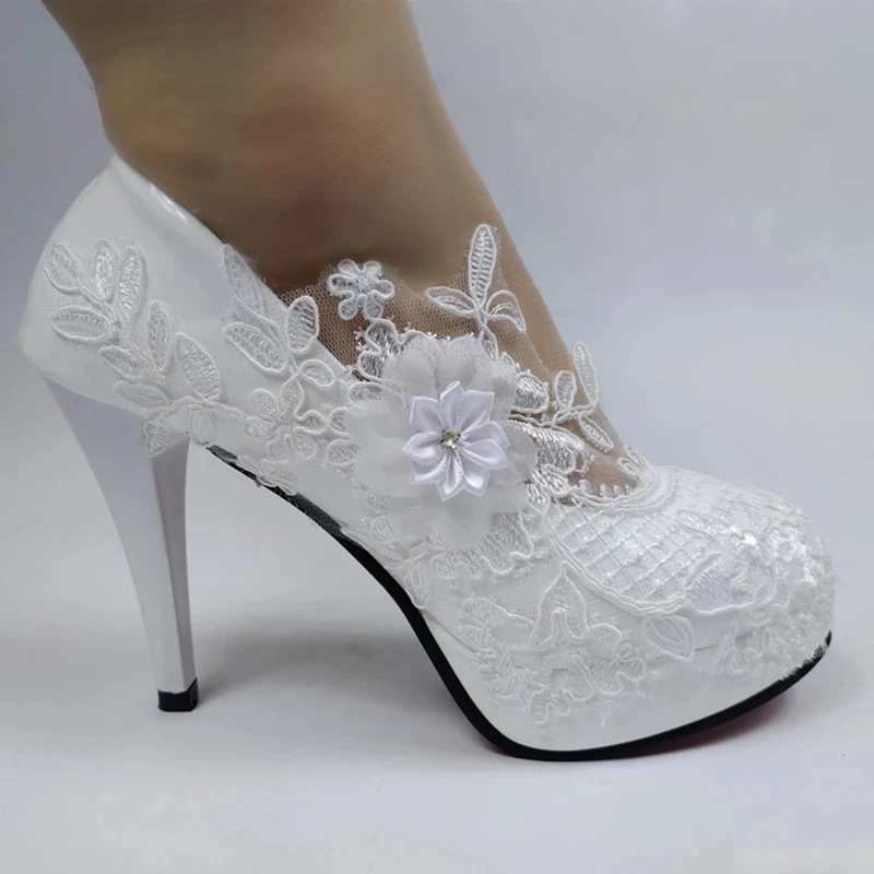 New Women White Flower Bride Wedding Shoes Party Dress Shoe Ladies Round Toe High Heel Pump Princess shoe Handmade customization