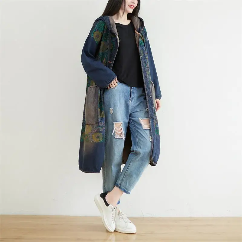 Female new autumn Retro literary plus size hooded outerwear washed single-breasted M-long slim casual loose denim trench