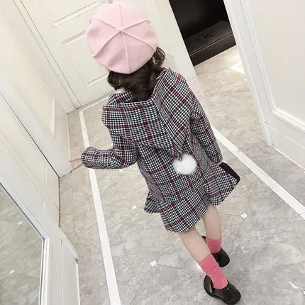 Girls Woolen Jacket Outerwear Spring Fall Children's Woollen Overcoat Medium-Length Kids Plaid Ruffles Hooded Coat 3-13Y P188