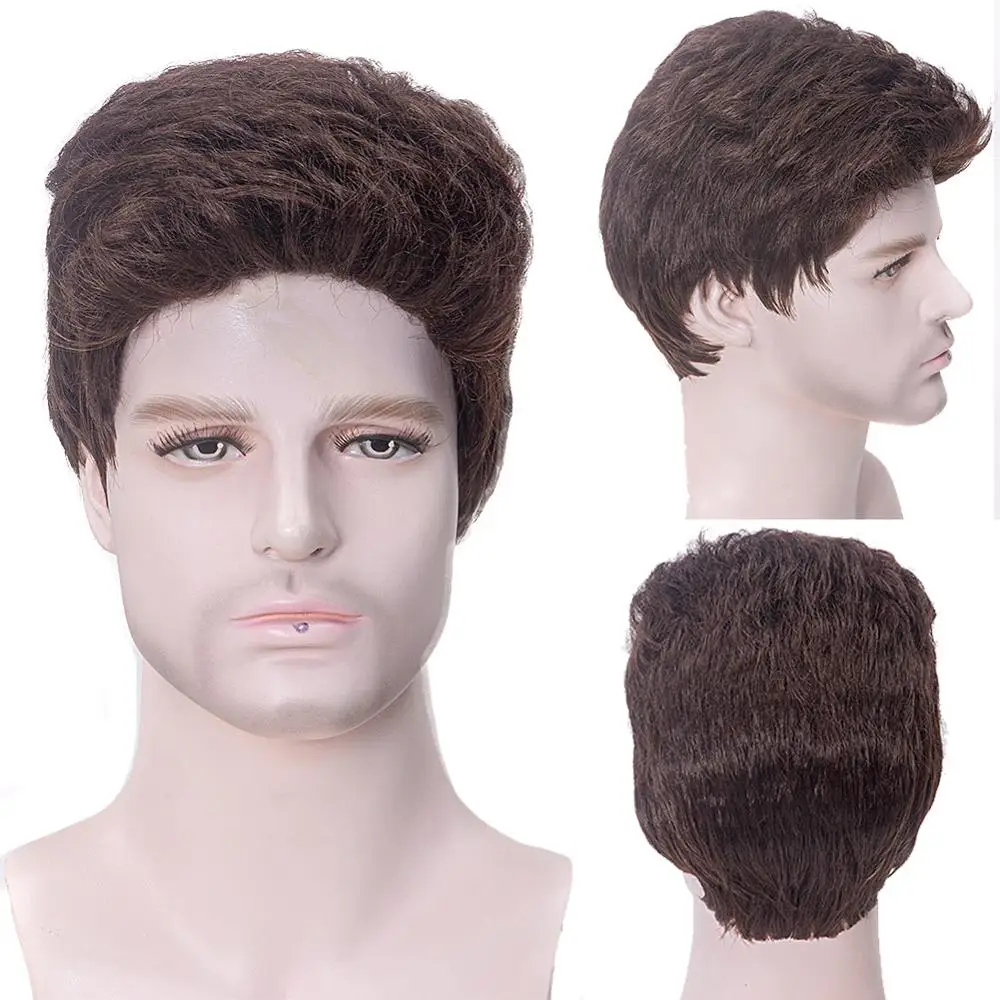 Short Men Wig Straight Synthetic Wig for Male Hair Fleeciness Realistic Natural Brown Toupee Wigs For Daily Using