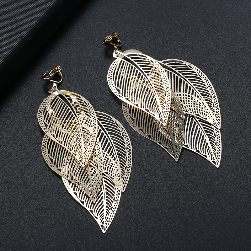 New Arrival Hyperbole Multilayered Big Leaves Clip on Earrings Non Pierced for Women Party Wedding Elegant Ear Clips Accessories