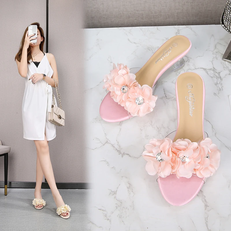 Women Crystal Sandals Wedge Mules New Summer Sexy Open Toe Transparent High Heels Glass Rhinestone Show Party Slippers Eu  34-40