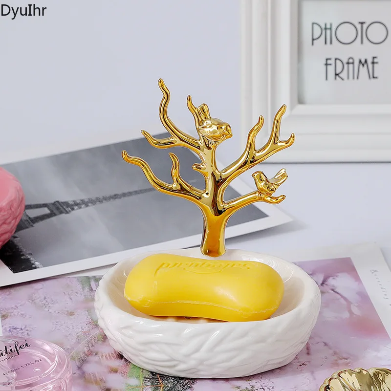 DyuIhr Nordic Creative Draining Ceramic Oval Soap Dish Jewelry Tray Rack Tree Branch Shaped Shelves Bathroom Accessories