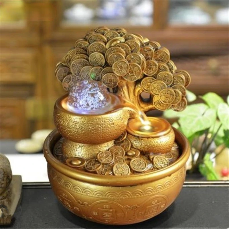 

Resin Money Tree Water Fountains Home Decoration Feng Shui Wheel Office Tabletop Waterscape Living Room Humidifier Figurines